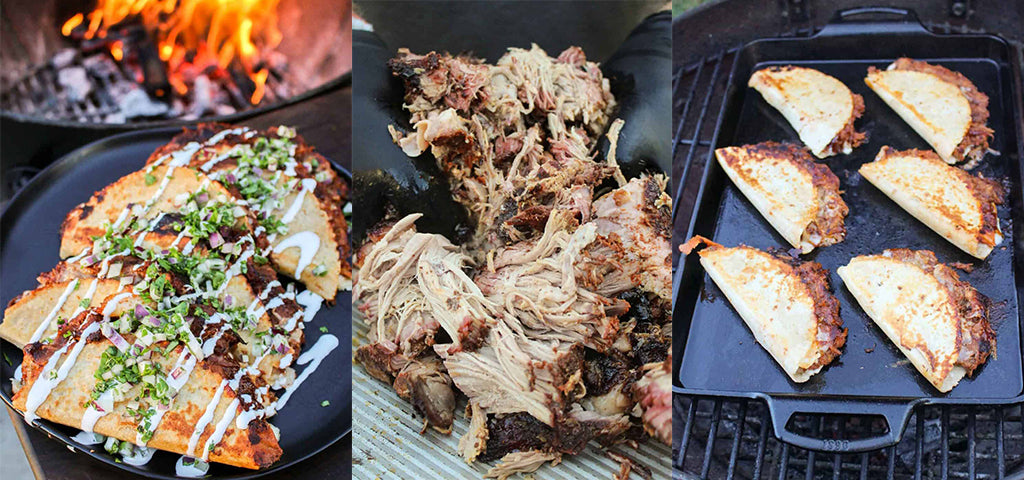 Three images showing the preparation of BBQ pork tacos: enchiladas topped with sauce and garnish, shredded pork on a cutting board, and quesadillas cooking on a grill.