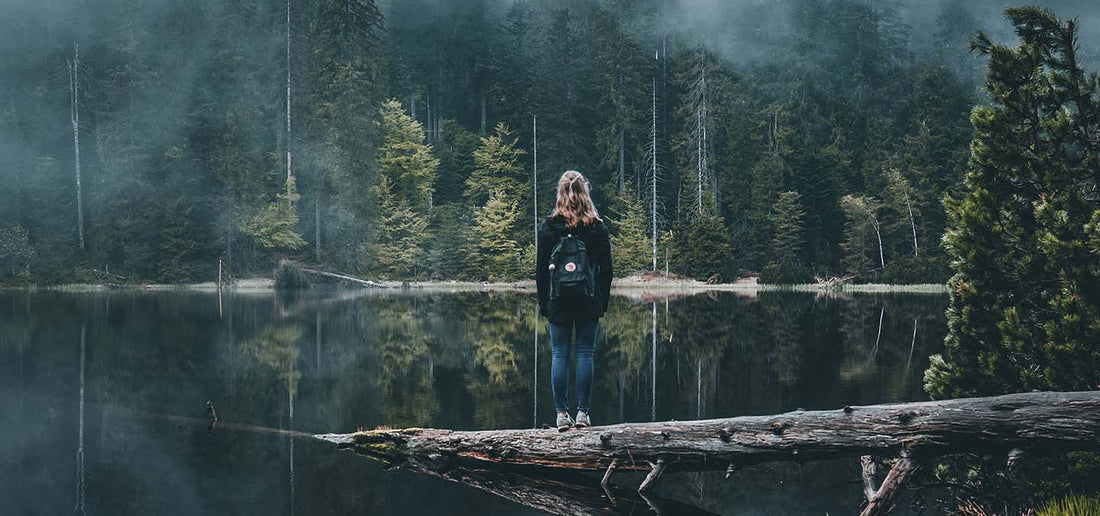 Woman standing on a Log With a Fjallraven Backpack Looking at Forest Over a Lake