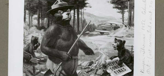 Vintage Smokey Bear illustration promoting forest fire prevention, associated with Filson. Iconic campaign featuring Smokey Bear educating on wildfire safety.