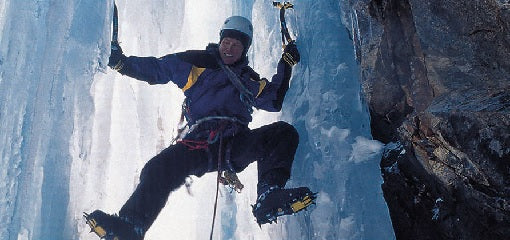 Alan Hinkes Climbing Ice Sheet Using Ice Axes and Boots with Crampons