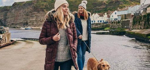 Two Women Walking Wearing Barbour Winter/Autumn Coats, Jackets and Hats