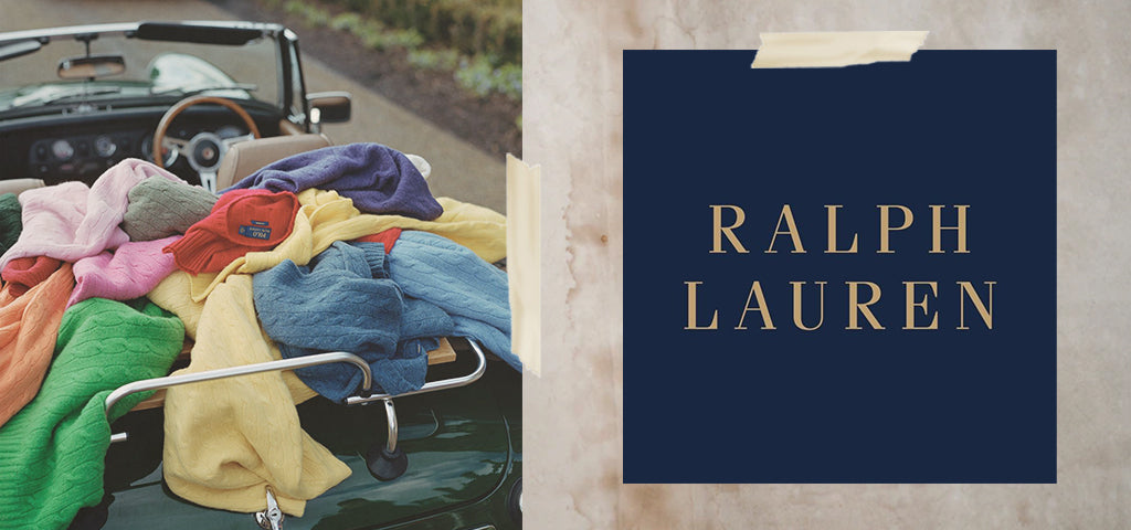 Assorted colourful polo shirts with the Ralph Lauren logo, displayed on a rack in a classic car.