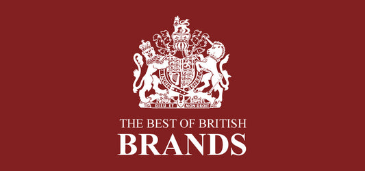 Text "THE BEST OF BRITISH BRANDS" in white on a maroon background with a white British Royal coat of arms.