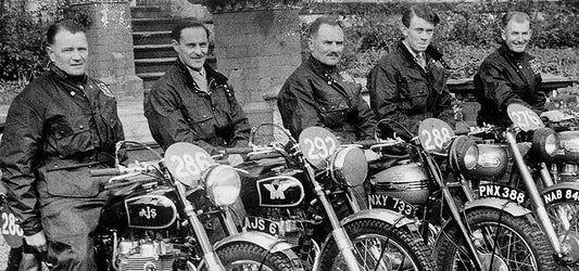 5 Men Sitting on Vintage Motorcycles wearing Classic Barbour Wax Jackets