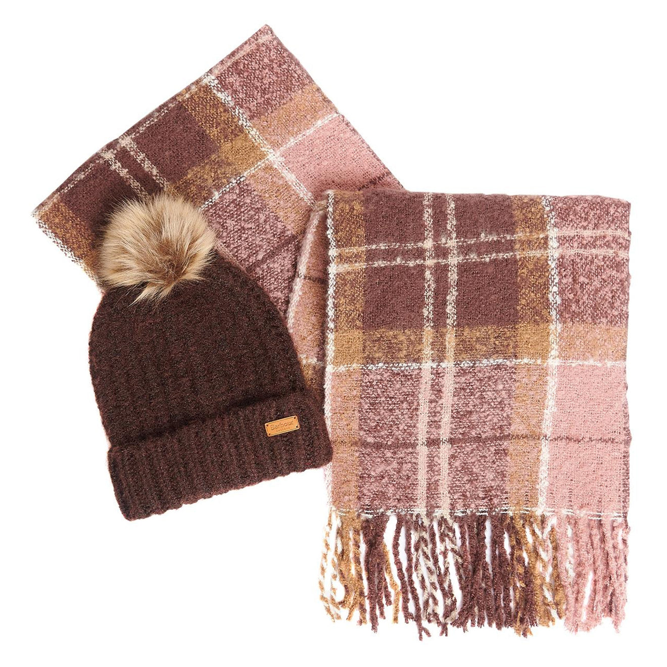 Barbour Womens Saltburn Beanie + Tartan Scarf Gift Set Chocolate - The Sporting Lodge