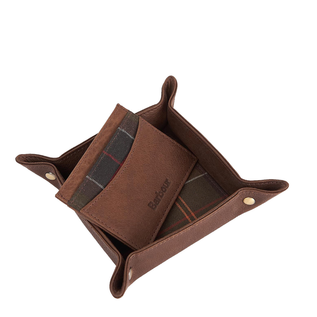 Barbour Leather Valet Tray and Card Holder Gift Set Classic Tartan / Brown - The Sporting Lodge