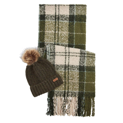 Barbour Saltburn Beanie And Tartan Scarf Gift Set Ancient Loden