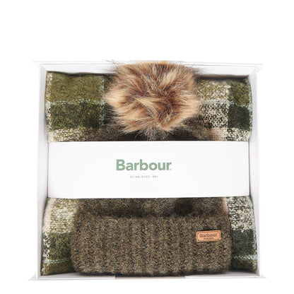 Barbour Saltburn Beanie And Tartan Scarf Gift Set Ancient Loden