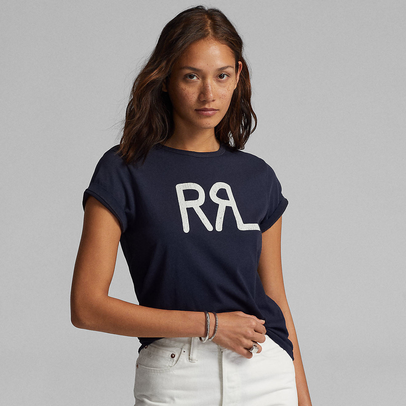 RRL by Ralph Lauren Logo Cotton Jersey T Shirt Navy White The Sporting Lodge