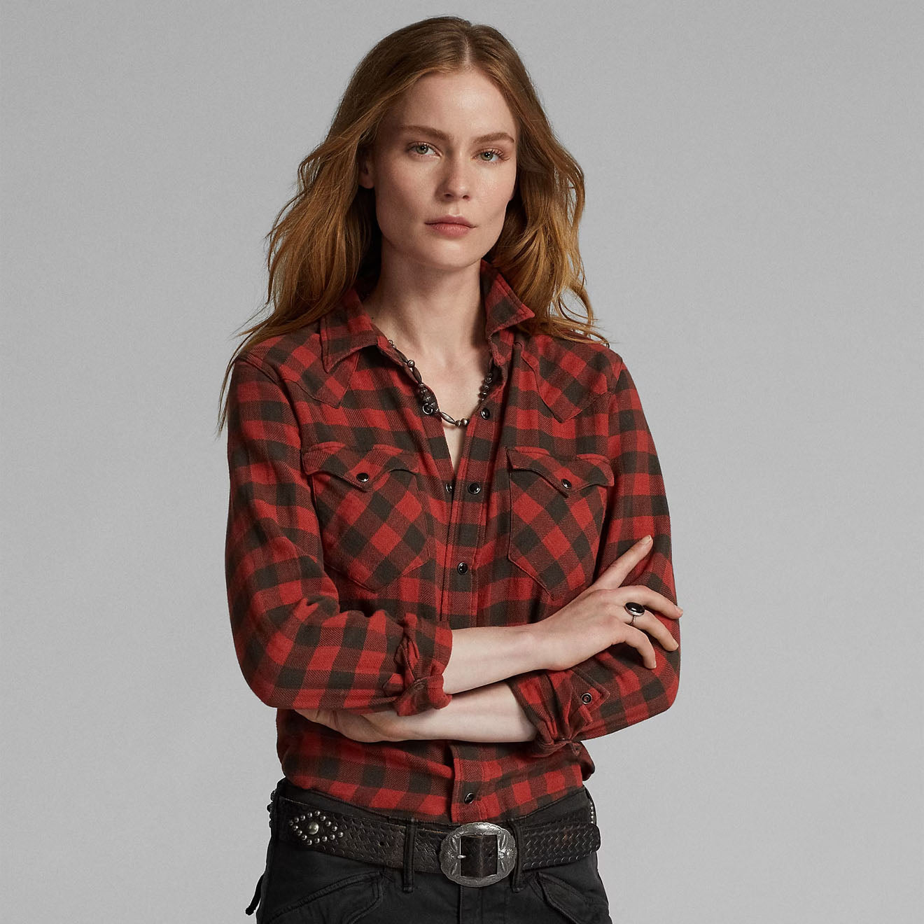 RRL By Ralph Lauren Womens Plaid Cotton-Linen Western Shirt RL-100 Red/Black