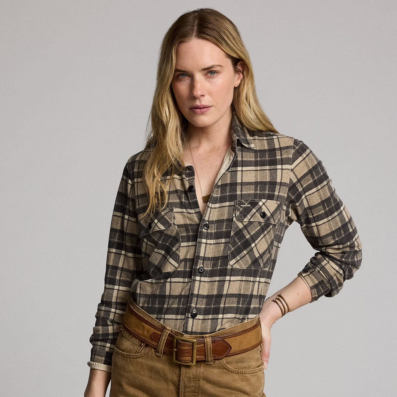 RRL By Ralph Lauren Womens Plaid Linen-Cotton Jersey Workshirt Tan/Black