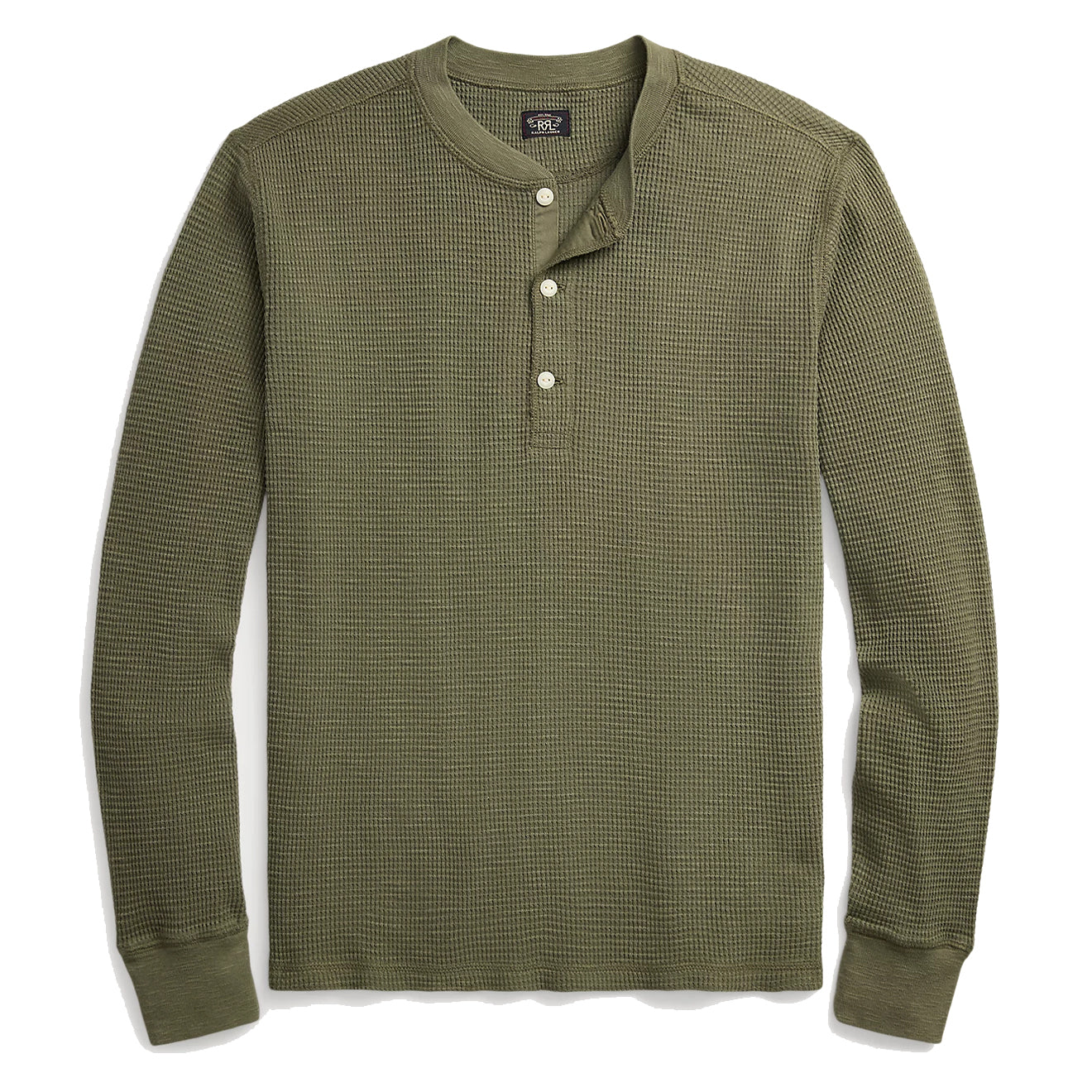 RRL by Ralph Lauren Garment Dyed Waffle Knit Henley Shirt Olive