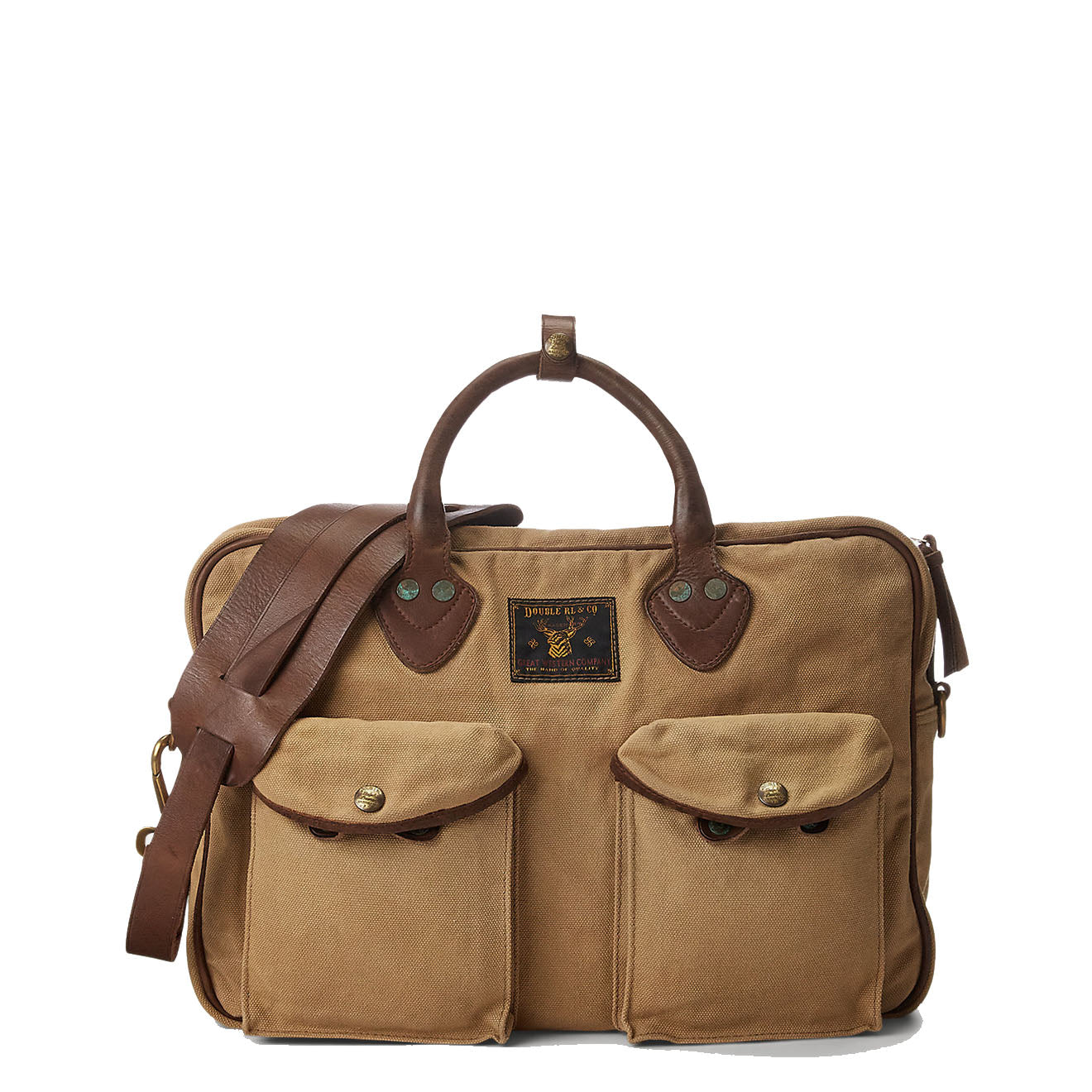 RRL by Ralph Lauren Leather-Trim Canvas Briefcase Khaki/Brown - The Sporting Lodge