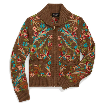 RRL by Ralph Lauren Womens Embroidered Cotton-Wool Cardigan Brown / Multi - The Sporting Lodge