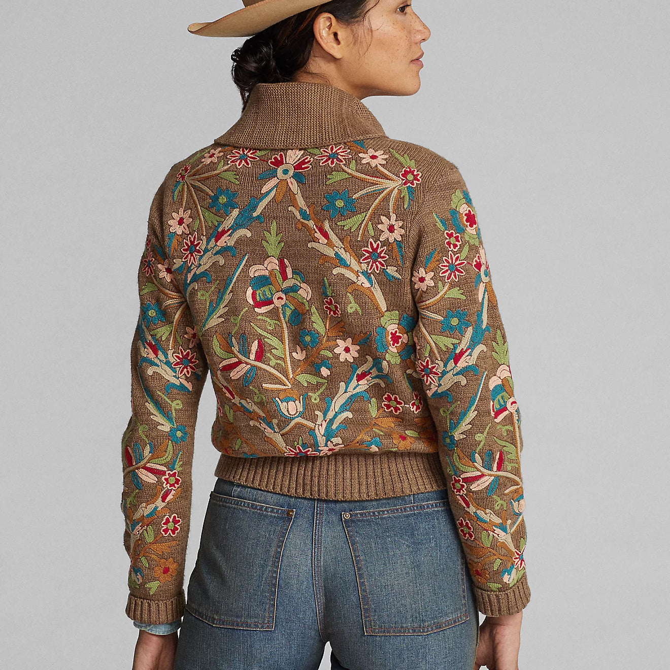 RRL by Ralph Lauren Womens Embroidered Cotton-Wool Cardigan Brown / Multi - The Sporting Lodge