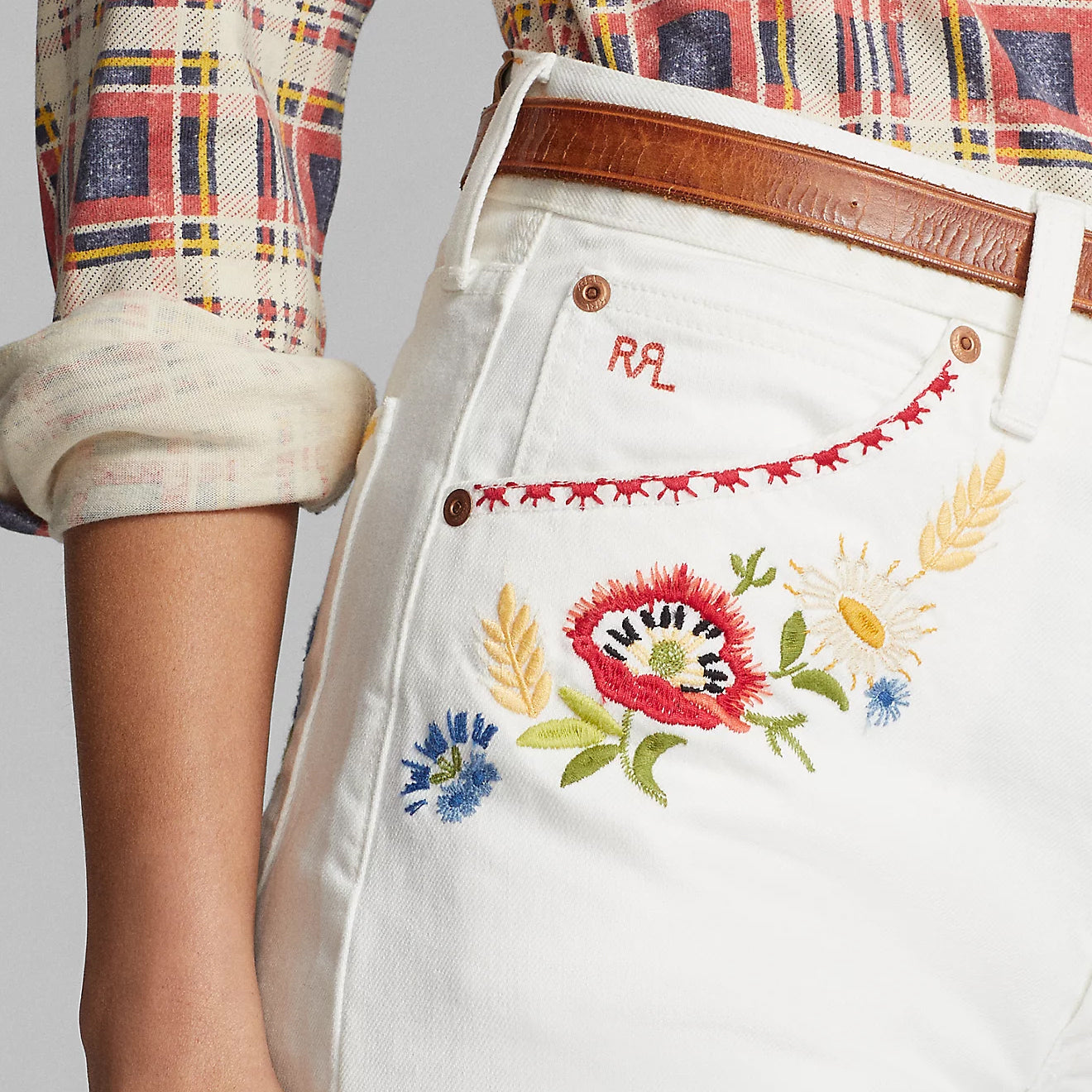 RRL by Ralph Lauren Womens Embroidered Denim Short Antique White Multi