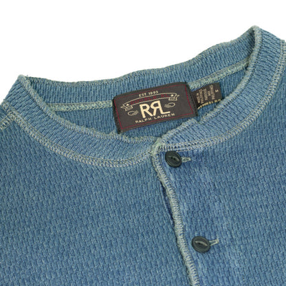 RRL by Ralph Lauren Waffle Knitted Cotton Henley Washed Blue Indigo - The Sporting Lodge