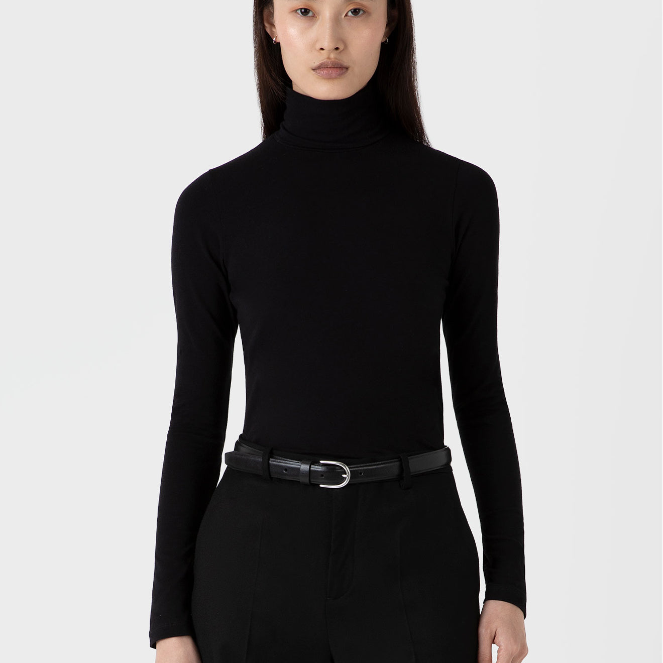 Sunspel Womens L/S Roll Neck Top Black