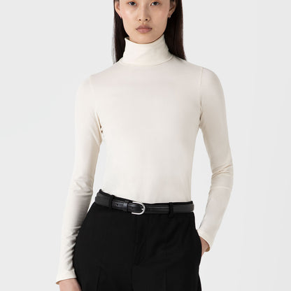 Sunspel Womens L/S Roll Neck Top Ecru