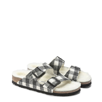 Birkenstock Womens Arizona Shearling Wool Narrow Sandal Plaid White - The Sporting Lodge