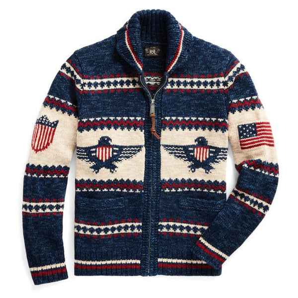 RRL by Ralph Lauren Logo Cotton-Blend Full-Zip Cardigan Indigo Cream Multi