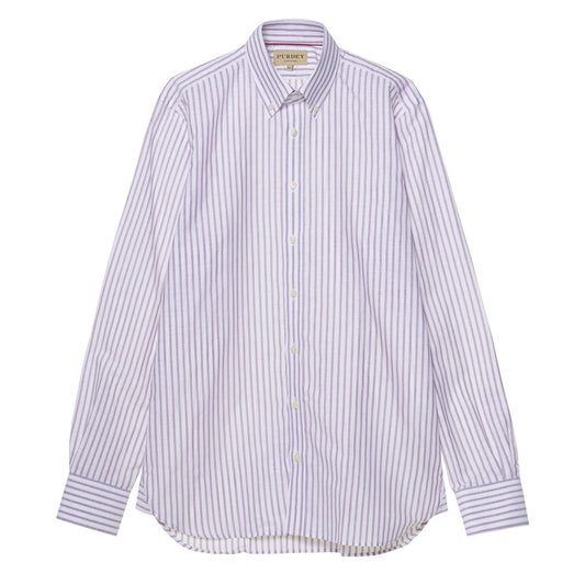 James Purdey Linen Oxford Stripe Button Down Collar Shirt Plum - The Sporting Lodge