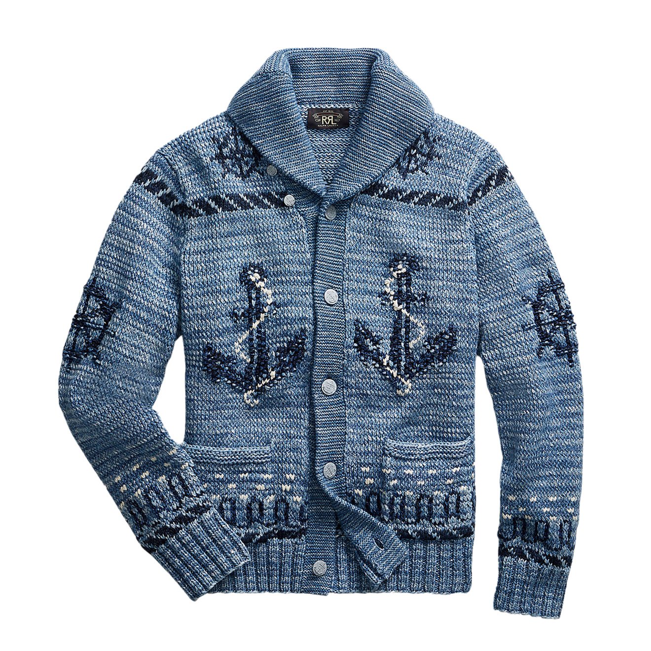 RRL by Ralph Lauren Hand Knit Shawl Cardigan Blue Indigo