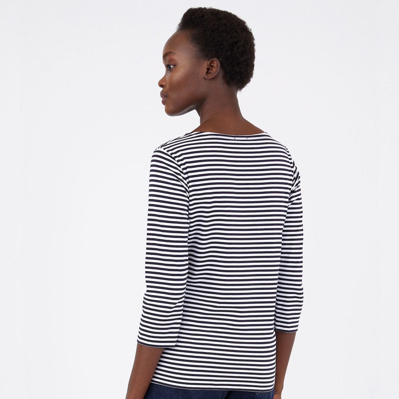 Sunspel Womens 3/4 Sleeve Boat Neck T-Shirt White / Navy Stripe - The Sporting Lodge